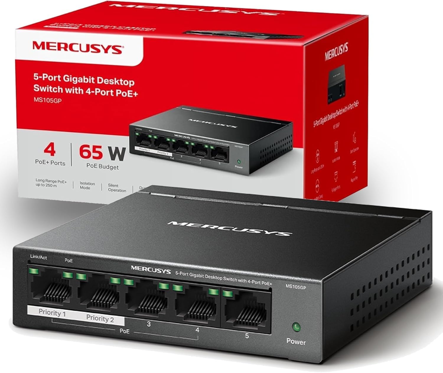 Mercusys 5 ports Gigabit+4 ports PoE Switch